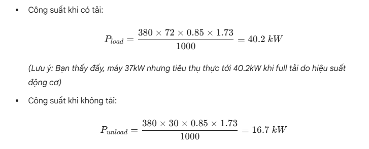 Bắt đầu tính toán:
1. Tính công suất tiêu thụ thực tế (kW):