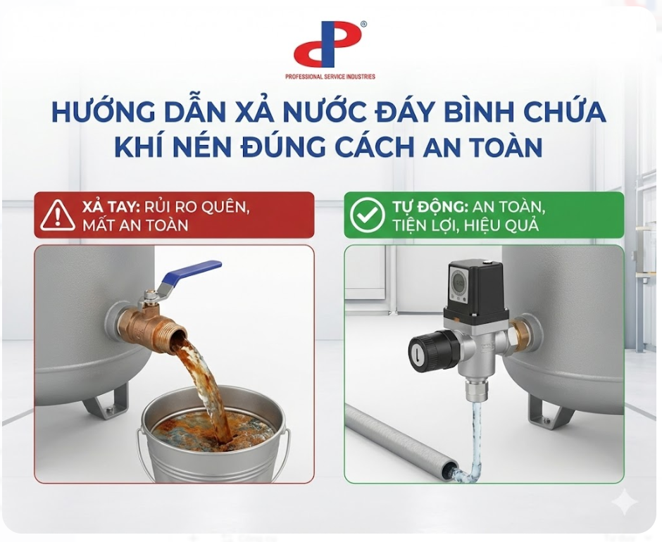 Hướng dẫn xả nước đáy bình chứa khí nén đúng cách an toàn
