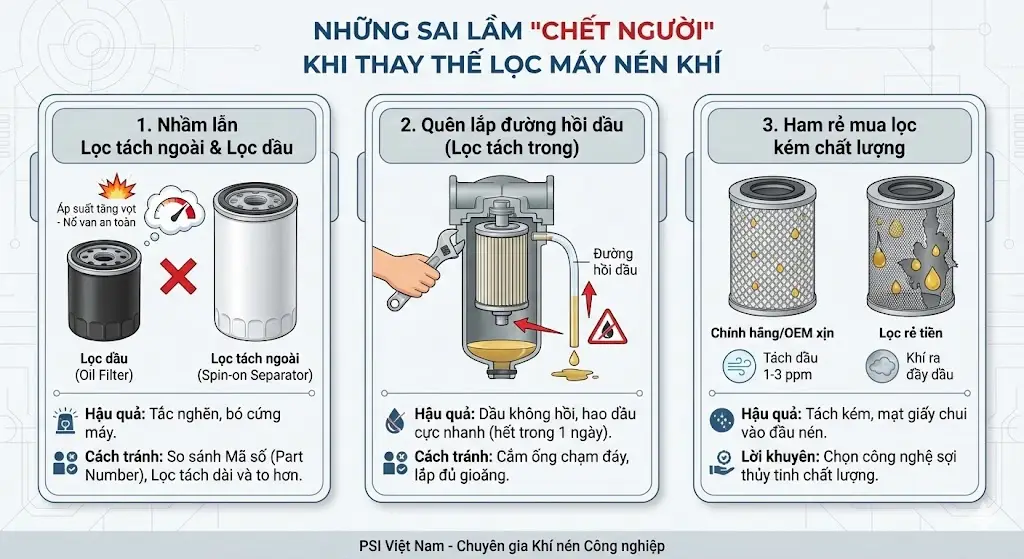 Những sai lầm _chết người_ khi thay thế lọc máy nén khí