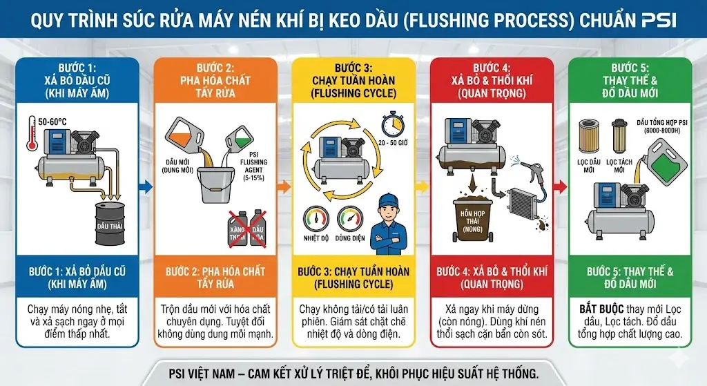 Quy trình súc rửa máy nén khí bị keo dầu (Flushing Process)