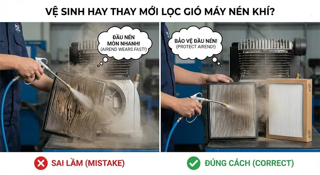 Vệ sinh hay thay Lọc gió máy nén khí mới